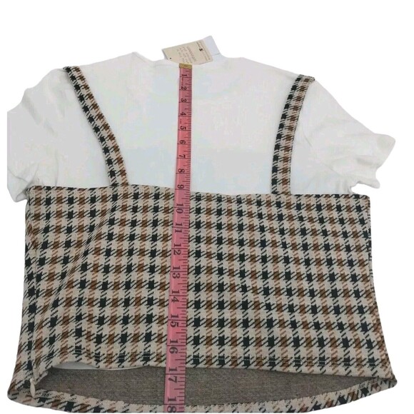 Self Esteem Women's Juniors' Printed Layer-Look Top Beige Large Plaid Coord New - Picture 12 of 16